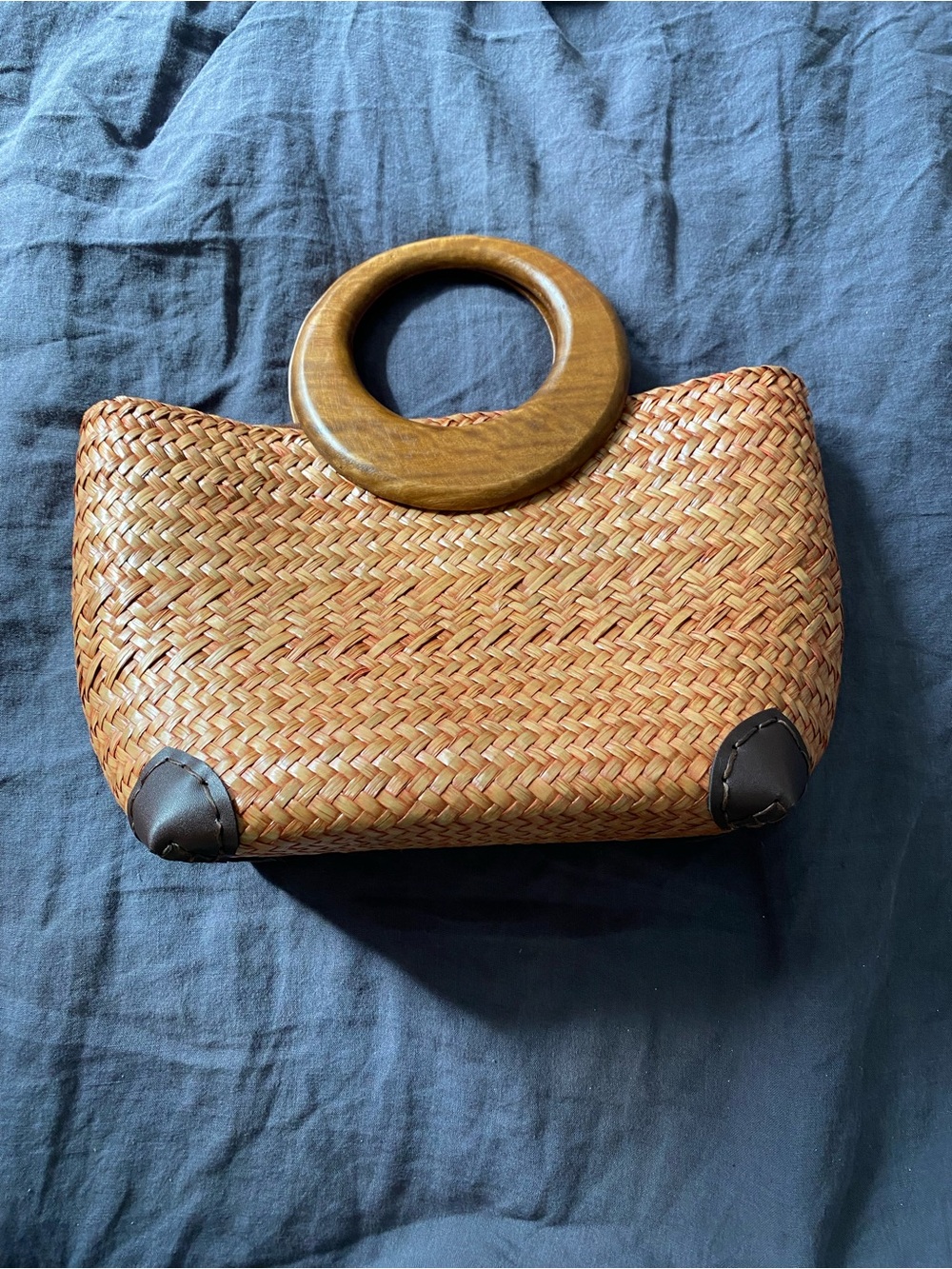 Woven Straw Tote with Wooden Ring Handle - Tan